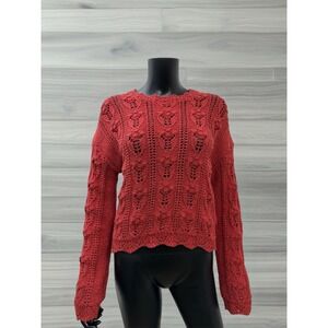 NAF NAF Paris Open Knit Sweater Red Acrylic Blend Scallop Hem Women's M